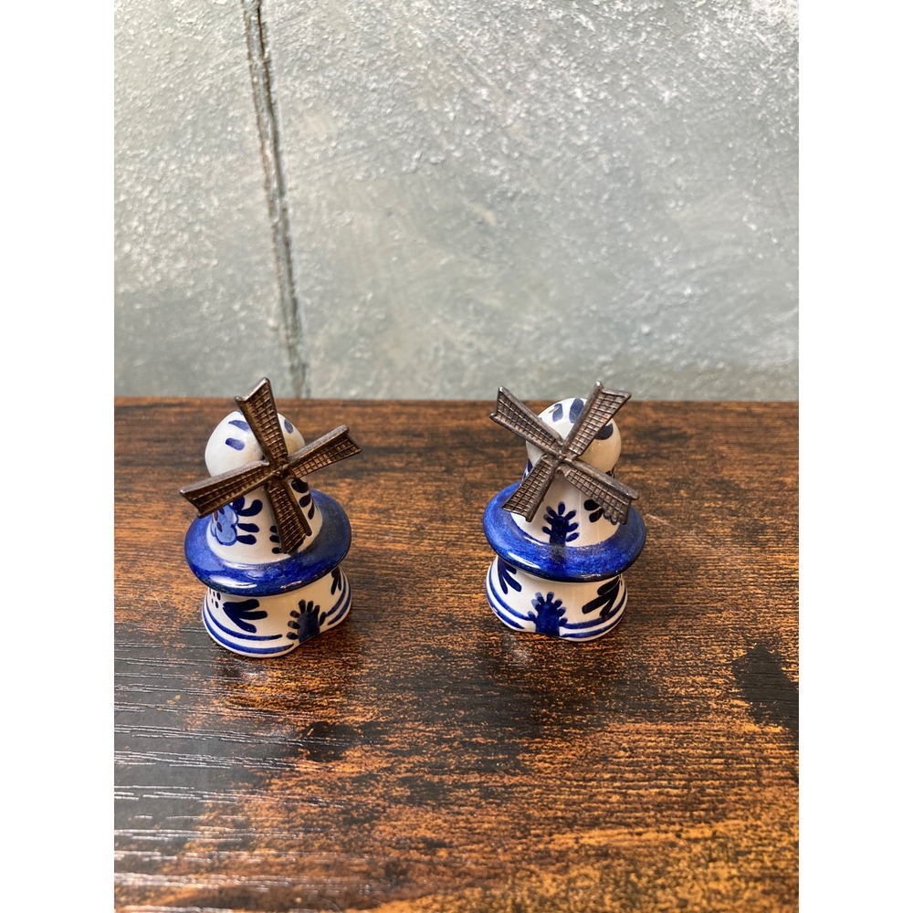 Vintage Delft Blue Windmill Salt and Pepper Shakers Hand Painted Ceramic Set
